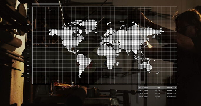 Grinding machinist wearing protective gear at metal shop, with sparks, digital overlay, copy space - Powered by Adobe