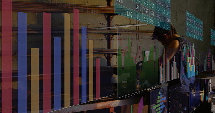 Technician wearing gloves analyzing digital charts and handling bars at shop bench, copy space - Powered by Adobe