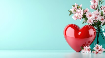 Bright Red Heart Shaped Object Near Flowers in Glass Vase on Soft Blue Background Perfect for Romantic or Love-Themed Projects and Designs