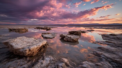 Fototapeta premium Dramatic sunset over salt flats with rocky formations, peaceful reflection, vibrant pink and orange sky