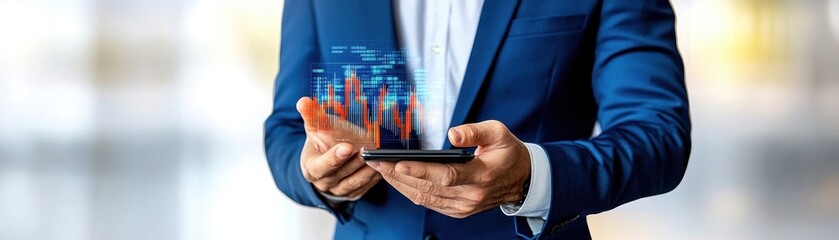 Businessman in a Suit Analyzing Data on Smartphone with Financial Graphs Overlaid in Digital Space in Office Environment