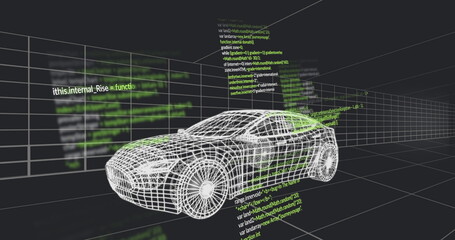 Rendering white wireframe sports car rotating in dark 3D grid space, with floating code snippets