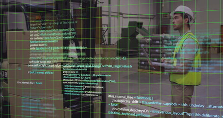 Warehouse worker wearing vest using tablet in warehouse, with code overlay, copy space