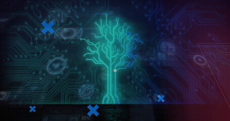 Glowing neon-green circuit tree rising from mirror base, showing circuit-board traces, blue Xs