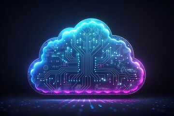 Glowing digital cloud icon with intricate circuit board patterns and vibrant neon light against a dark background