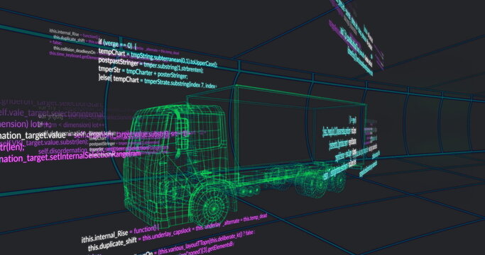 Fototapeta Displaying wireframe truck model rotating in 3D workspace, with floating code, copy space