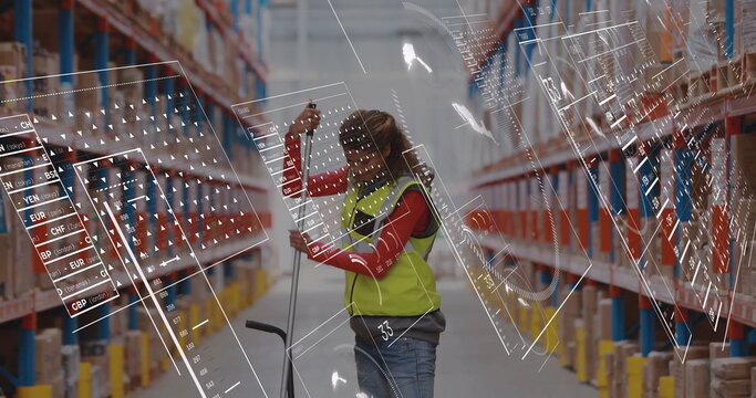 Operating manual pallet jack, woman wearing vest among warehouse racks with digital overlay - Powered by Adobe