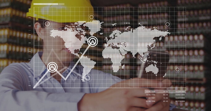 Scanning racks in warehouse, worker viewing smartphone data overlay while wearing safety helmet - Powered by Adobe
