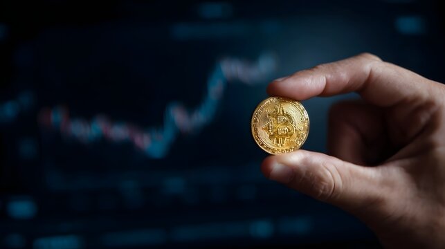 Hand holding a golden Bitcoin coin with a blurred cryptocurrency market chart on a dark screen symbolizing digital finance and investment