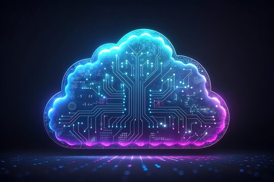 Glowing digital cloud icon with intricate circuit board patterns and vibrant neon light against a dark background