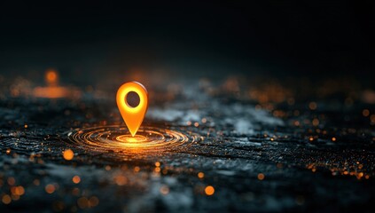 Glowing map pin on dark surface