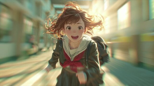 制服姿で笑顔のまま全力疾走する女子高生のアニメーション「生成AI」