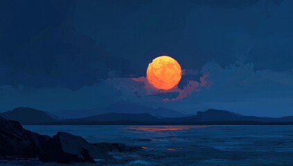 A vibrant, digital painting of a night scene with a large, orange moon