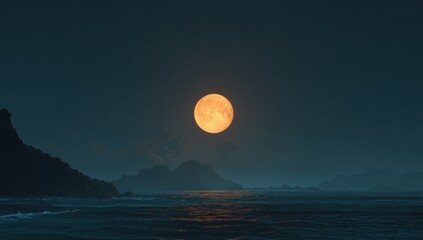 Vast, orange moon over dark sea