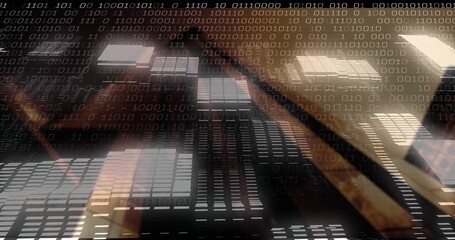 Overlaying translucent binary digits over rectangular grid panels in data center, with highlights