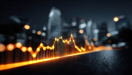 Financial graph overlaid on a city skyline at night