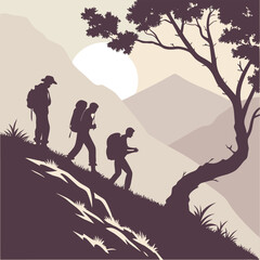 Hikers trekking on a mountain path at dawn vector illustration