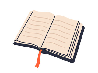 Open book with red ribbon icon, reading and literature concept, education and knowledge symbol, study learning object, academic library element isolated on white background flat vector illustration.