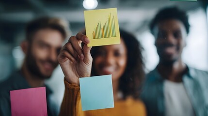 Diverse team collaborating with sticky notes on a glass board brainstorming creative ideas and analyzing data for business growth and development