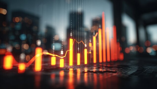 Financial data overlaid on a city skyline at night