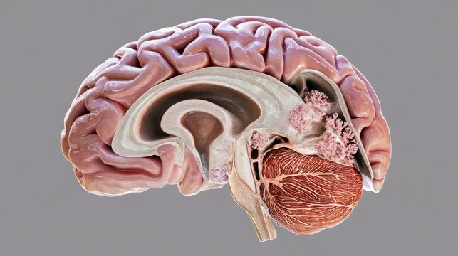 Detailed anatomical cross section of a human brain showcasing intricate structures