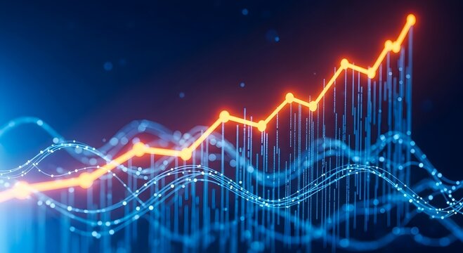 Glowing orange trend line ascending above digital blue data waves representing financial growth
