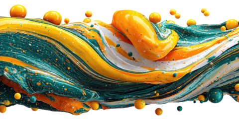 Abstract paint explosion.  Dynamic swirls of orange, teal, and white paint with scattered bubbles