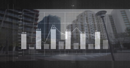 Displaying semi-transparent bar chart and line graph overlaying city road, grid lines and towers