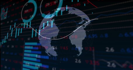 Displaying 3D Earth globe rotating on data dashboard, with white trend line, bar charts and gauges