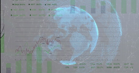 Displaying 3D wireframe globe in virtual dashboard, showing green bar charts and dual-line graph