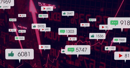 Like, comment and play icons with counts floating over line graph on dashboard with neon-red arrow