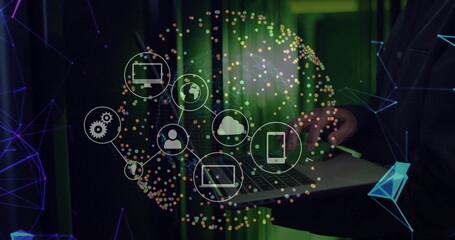 IT engineer wearing blazer typing on laptop in data center, with server racks, icons, copy space