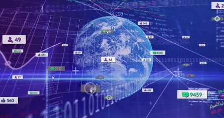 Displaying 3D Earth globe rotating in network, showing social icons, analytics graphs, binary code