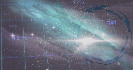 Teal-hued swirling nebula rotating slowly in simulated space, with HUD rings, numeric data and grid