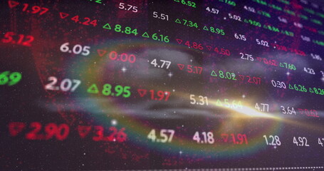 Floating stock numbers drifting over galaxy swirl starfield, with green up and red down triangles