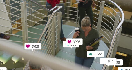 Walking woman holding coffee, folders on mezzanine, with floating social media icons, copy space