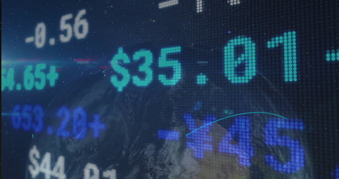 Flashing green dot-matrix ticker displaying stock values on trading board, with globe overlay
