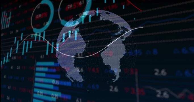 Displaying 3D Earth globe rotating on data dashboard, with white trend line, bar charts and gauges
