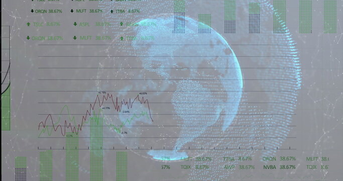 Displaying 3D wireframe globe in virtual dashboard, showing green bar charts and dual-line graph
