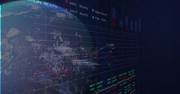 Naklejki Displaying financial charts overlaying Earth globe in space, with ticker symbols and price table