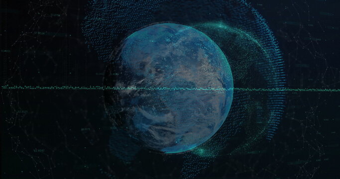 Displaying holographic globe glowing in data grid network, with waveform pulses and numeric labels - Powered by Adobe