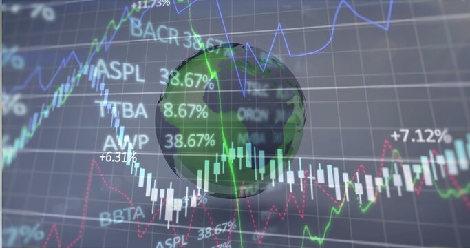 Naklejki Displaying 3D Earth on dashboard with candlesticks graphs percentages tickers ASPL BBTA TBBA AVP