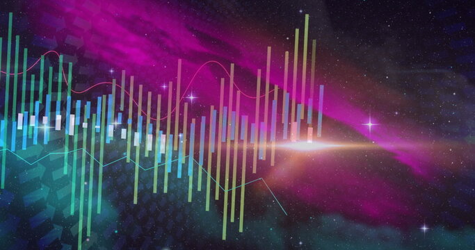 Naklejki Showing vertical bars and line graph forming visualization in cosmic scene with stars and hex grid
