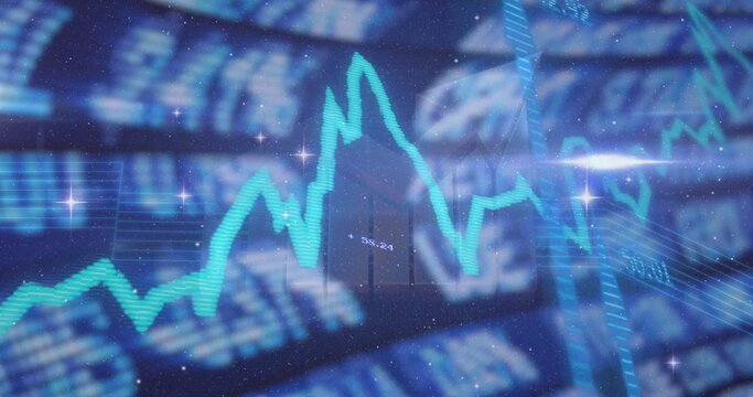 Displaying glowing turquoise line chart fluctuating on dashboard, with blurred numeric data flares - Powered by Adobe