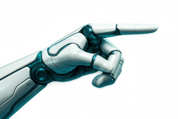Metallic robotic hand gesturing with turquoise accents, symbolizing technological advancement against transparent backdrop