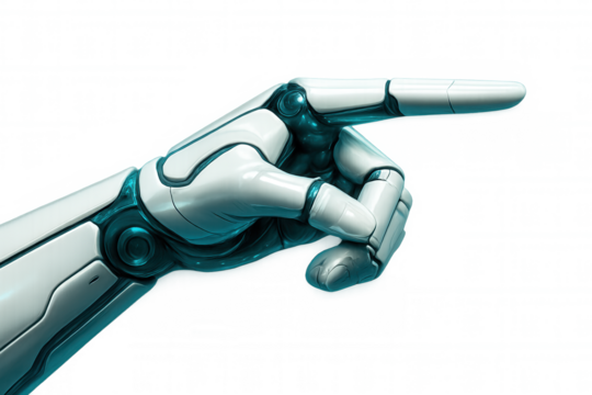 Metallic robotic hand gesturing with turquoise accents, symbolizing technological advancement against transparent backdrop