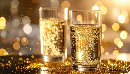 Two champagne flutes, filled with sparkling golden liquid, sit on a surface covered in glittering gold.  Blurred golden lights create a festive backdrop