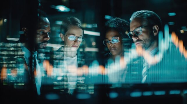 Diverse Team Analyzing Financial Data on Screen, Collaborating on Investment Strategy in Modern Office