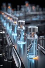 Pharmaceutical Production: Glass Vials on Automated Conveyor Belt for Vaccine and Medication Manufacturing, Quality Control in Sterile Environment