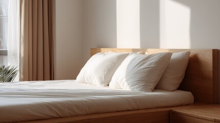 Serene Bedroom Interior with Natural Light and Minimalist Wooden Bed Frame in Neutral Tones